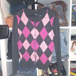 New York & Company Pink and Gray Argyle Cardigan